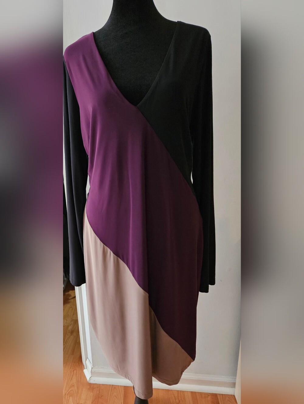 Geometric Color Block Long Sleeve Midi Sheath Dress Plum Taupe Black